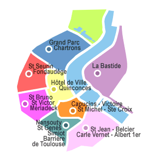Carte des quartiers de Bordeaux accessibles à vélo