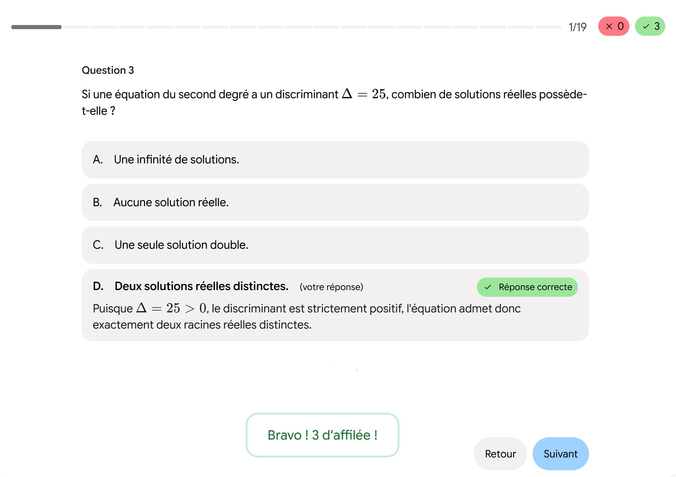 Exemple de QCM interactif généré pour réviser une notion de mathématiques